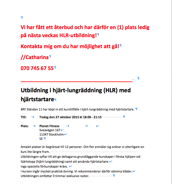 Plats ledig på HLR-kursen 27 okt